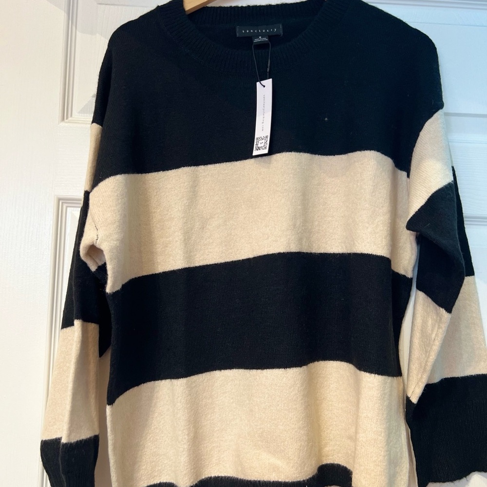 Sanctuary Black and Cream Striped Crewneck Sweater